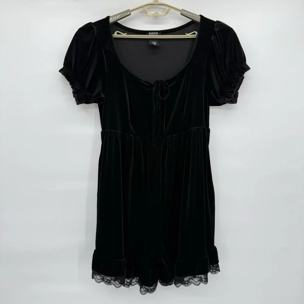 Cosmic Aura Black Velvet Lace Trim Romper XL Whimsigoth Goth Emo - Picture 2 of 6